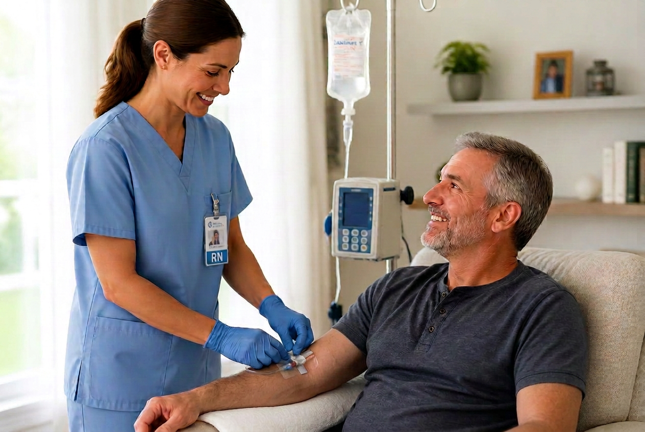 A nurse starting an immunoglobulin infusion for a patient at home