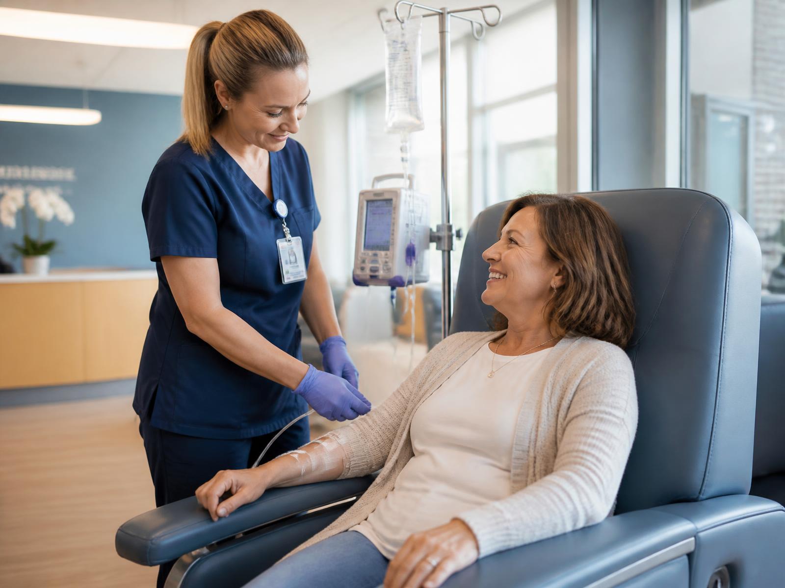 A nurse caring for a patient during an infusion treatment in a modern clinic